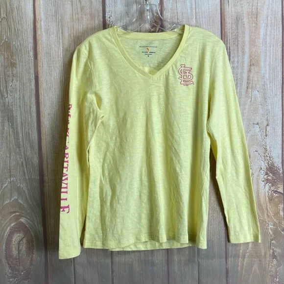 💵Margaritaville Yellow VNeck Long Sleeve Tee with Pink Accents Size Medium - Picture 2 of 9